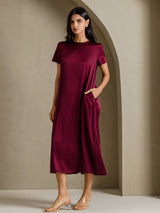 [احمر غامق] SilkSilky-SA Short Sleeve Crew Neck فساتين نسائية 003