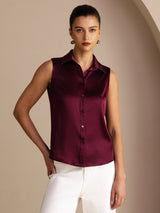 [احمر غامق] SilkSilky-SA Sleeveless Lapel Collar بلايز نسائية 001
