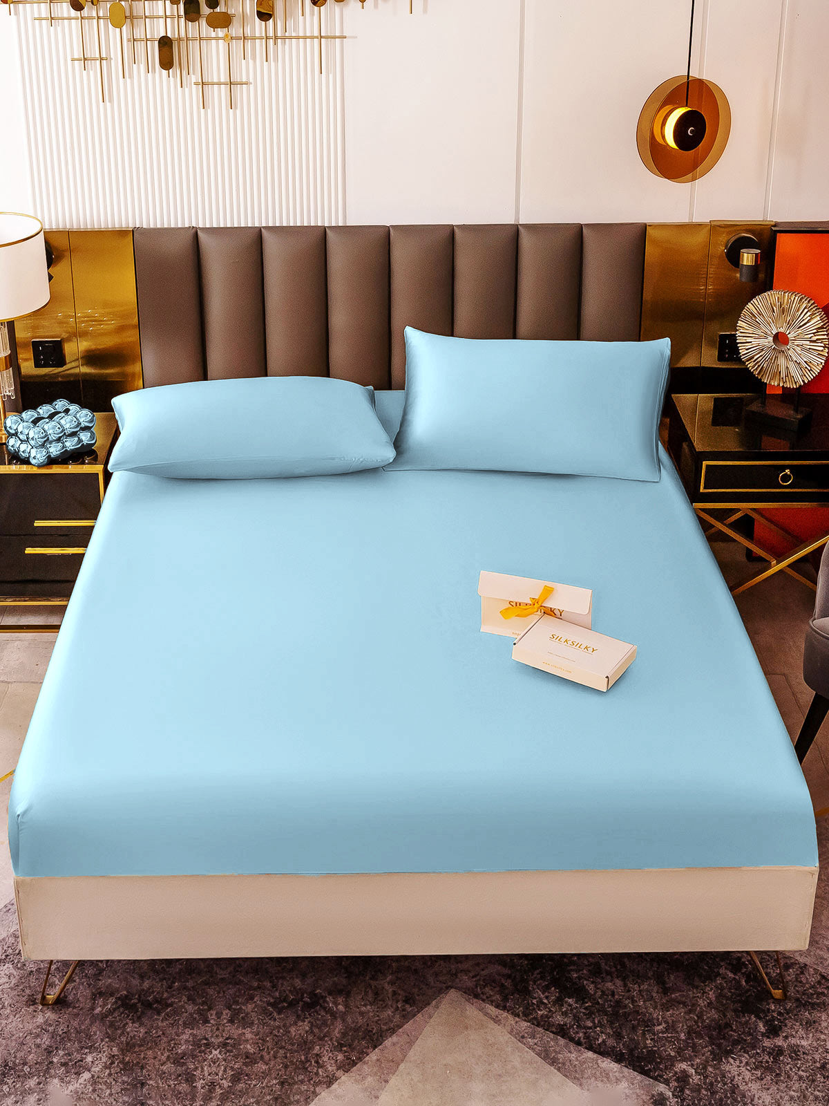 SilkSilky SA 19Momme الحرير الخالص Bedding Set أزرقفاتح 002