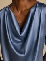 [أزرق بترولي حقيقي] SilkSilky-SA Short Sleeve Cowl Neck بلوزات نسائية 003