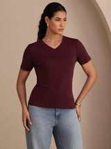 [خمر] SilkSilky-SA Short Sleeve V Neck تي شيرت نسائية 001