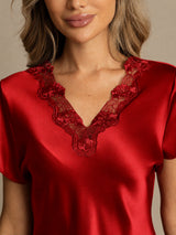 [احمر غامق] SilkSilky-SA Short Sleeve V Neck باس النوم 004
