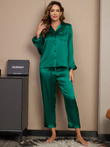 [أخضر] SilkSilky-SA Long Sleeve Lapel Collar طقم بيجامة نسائي 001