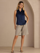 [أزرق غامق] SilkSilky-SA Sleeveless Lapel Collar بلايز نسائية 007