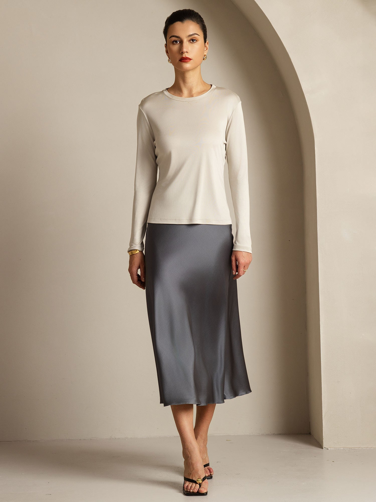 [رمادي] SilkSilky-SA الحرير الخالص Womens T-Shirt 007,