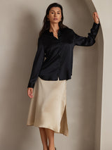[أسود] SilkSilky-SA Long Sleeve Lapel Collar بلايز نسائية 001