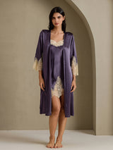 [رمادي أرجواني] SilkSilky-SA 3/4 Sleeve V Neck رداء الحمام وقميص النوم 011