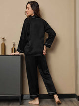 [أسود] SilkSilky-SA Long Sleeve Lapel Collar طقم بيجامة نسائي 002