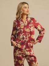 [تنين بلون النبيذ] SilkSilky-SA Long Sleeve Lapel Collar طقم بيجامة نسائي 003