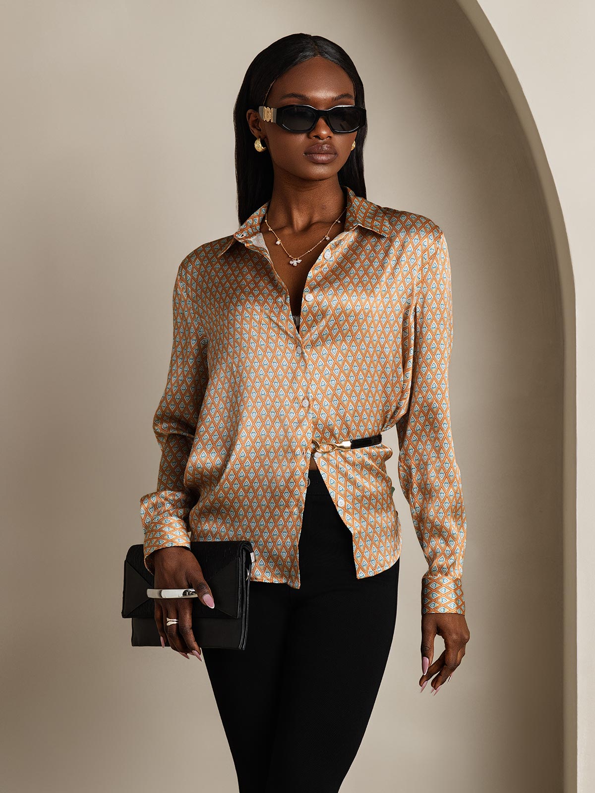 [أنماط زهرية] SilkSilky-SA 19Momme الأكمام الطويلة ياقة بقلاب بلايز نسائية 006