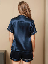 [أزرق غامق] SilkSilky-SA Short Sleeve Lapel Collar طقم بيجامة نسائي 002