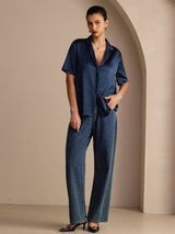 [أزرق غامق] SilkSilky-SA Short Sleeve Notch Collar بلايز نسائية 007