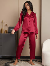 [خمر] SilkSilky-SA Long Sleeve Lapel Collar طقم بيجامة نسائي 001