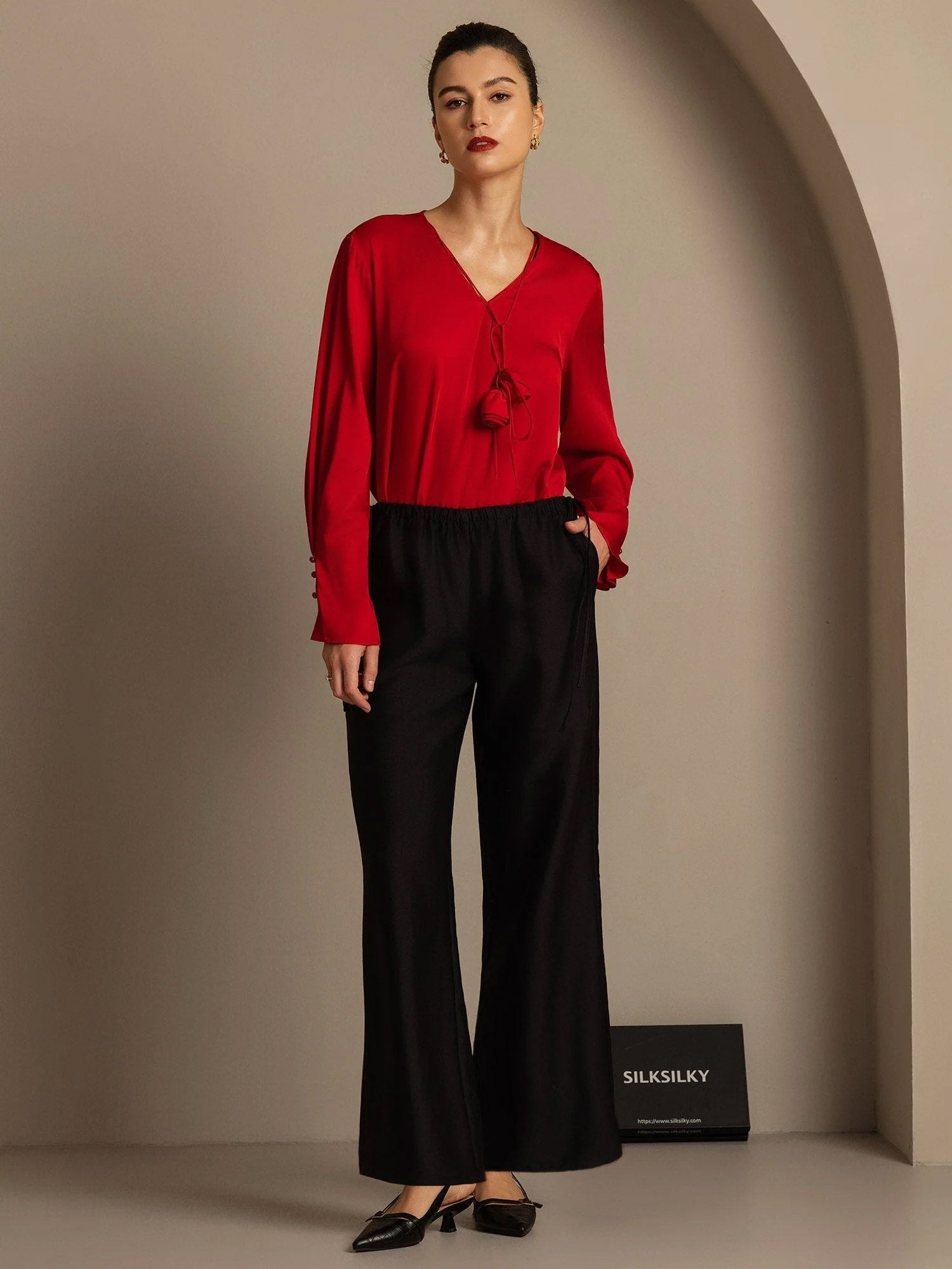 [أسود] SilkSilky-SA 32Momme الحرير Womens Pants 007,