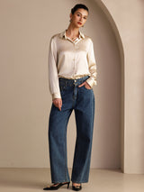 [بيج الأرز] SilkSilky-SA Long Sleeve Lapel Collar بلايز نسائية 006