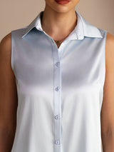 [أزرق فاتح] SilkSilky-SA Sleeveless Lapel Collar بلايز نسائية 004
