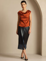 [الكراميل] SilkSilky-SA Cap Sleeve Cowl Neck تي شيرت نسائية 007