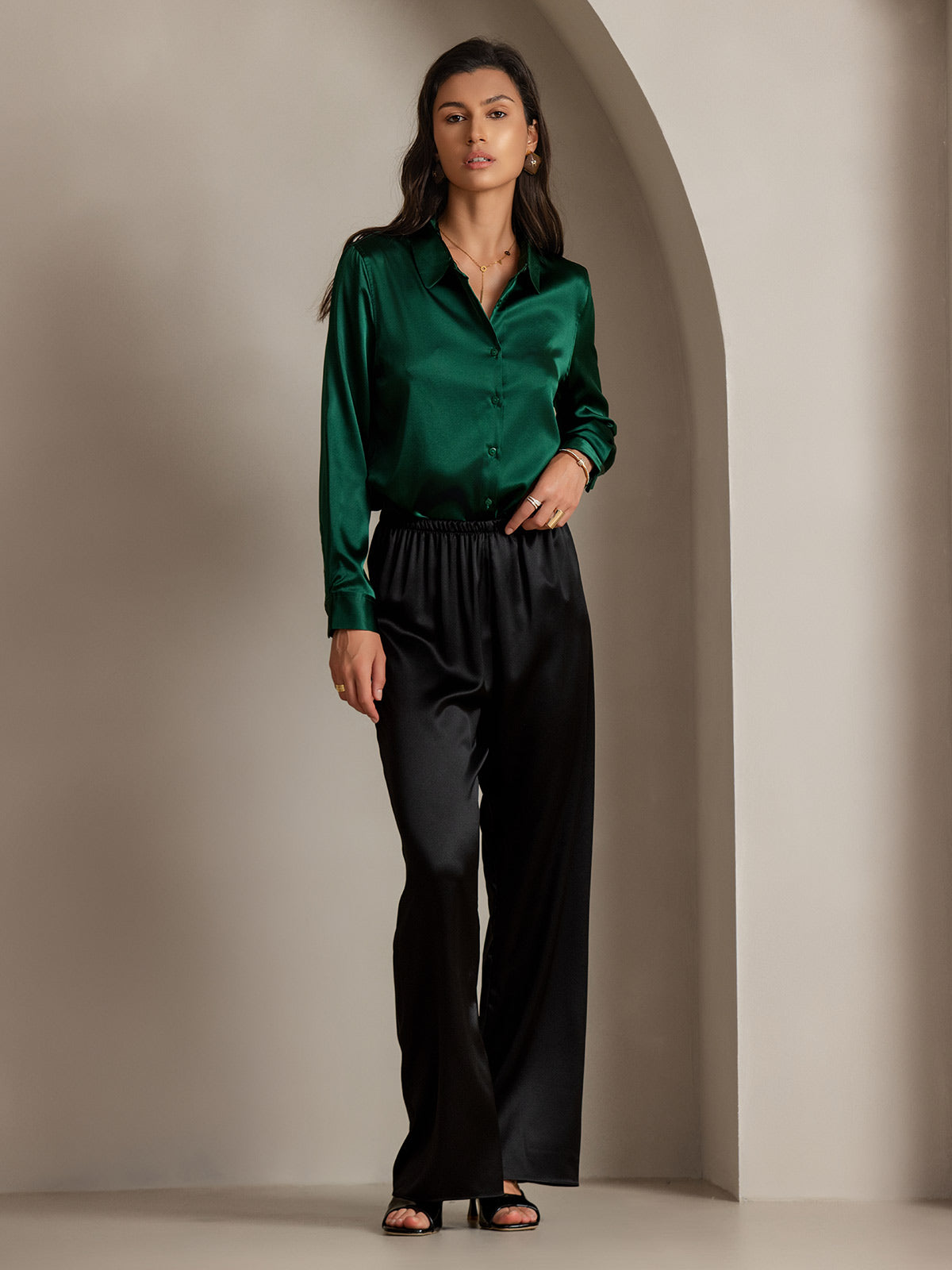 [أخضر غامق] SilkSilky-SA الحرير الأكمام الطويلة الياقة بلايز نسائية 005