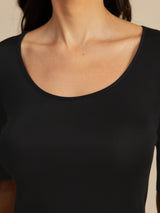 [أسود] SilkSilky-SA Half Sleeve Scoop Neck تي شيرت نسائية 006