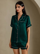 [أخضر غامق] SilkSilky-SA Short Sleeve Lapel Collar طقم بيجامة نسائي 003