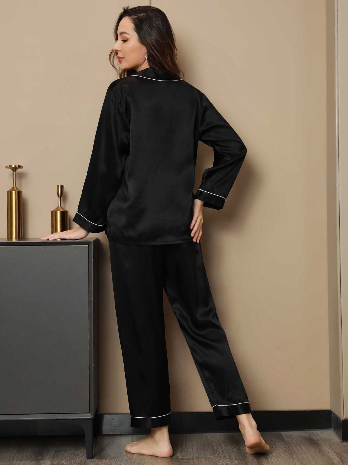 [أسود] SilkSilky-SA الحرير الخالص Womens Pajamas 002