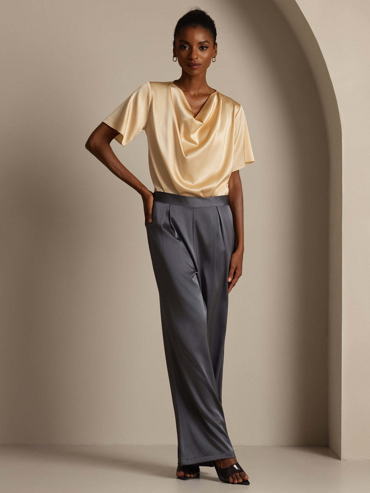 [الرمادي الداكن] SilkSilky-SA 19Momme الحرير Womens Pants 007,