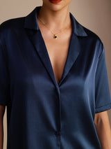 [أزرق غامق] SilkSilky-SA Short Sleeve Notch Collar بلايز نسائية 004