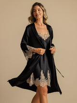 [أسود] SilkSilky-SA 3/4 Sleeve V Neck رداء الحمام وقميص النوم 007