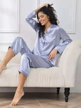 [الأزرق الصلب] SilkSilky-SA Long Sleeve Lapel Collar طقم بيجامة نسائي 003