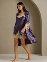[رمادي أرجواني] SilkSilky-SA 3/4 Sleeve V Neck رداء الحمام وقميص النوم 003
