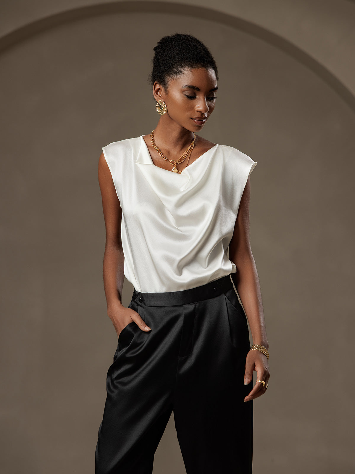 [أسود] SilkSilky-SA 19Momme الحرير Womens Pants 004