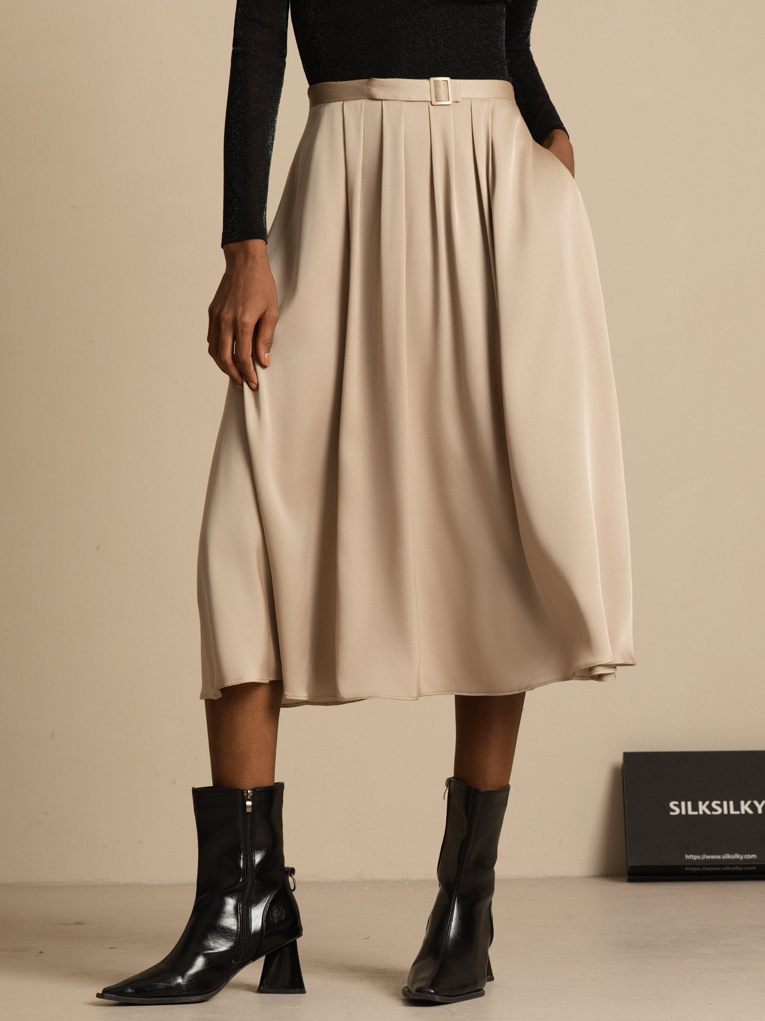 [تان (بني فاتح)] SilkSilky-SA 19Momme الحرير Skirt 004