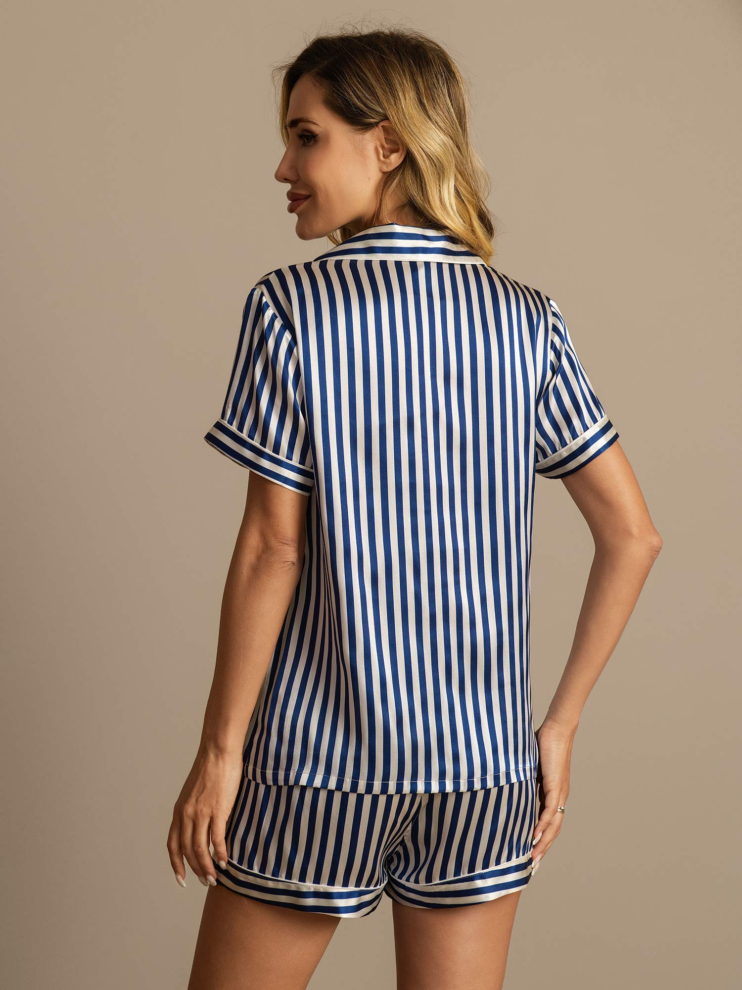 [أزرق غامق] SilkSilky-SA الحرير الخالص Notch Collar طقم بيجامة نسائي 002,