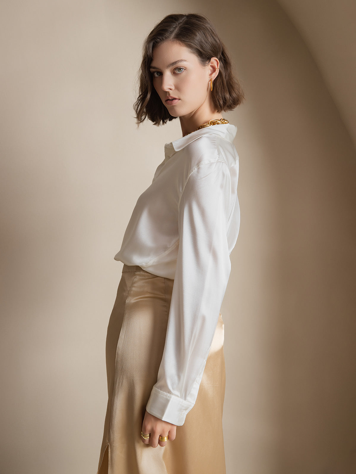 [أبيض] SilkSilky-SA الحرير الأكمام الطويلة الياقة بلايز نسائية 004