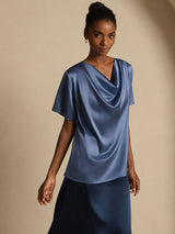 [أزرق بترولي حقيقي] SilkSilky-SA Short Sleeve Cowl Neck بلوزات نسائية 007