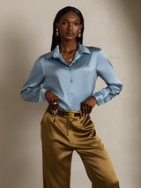 [أزرق رمادي] SilkSilky-SA Long Sleeve Lapel Collar بلايز نسائية 005