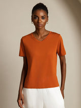 [البرتقالي] SilkSilky-SA Short Sleeve V Neck تي شيرت نسائية 001