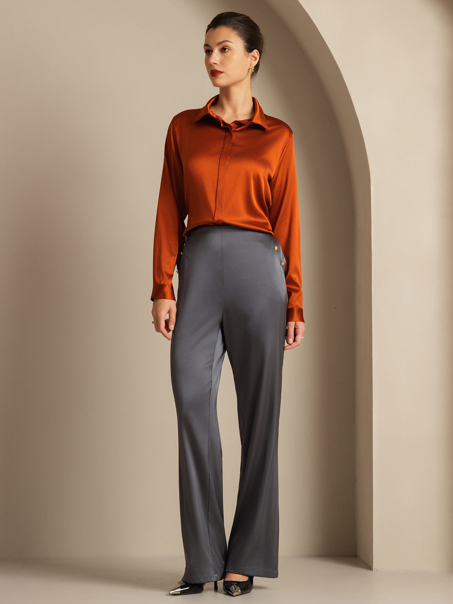[الرمادي الداكن] SilkSilky-SA 19Momme الحرير Womens Pants 007,