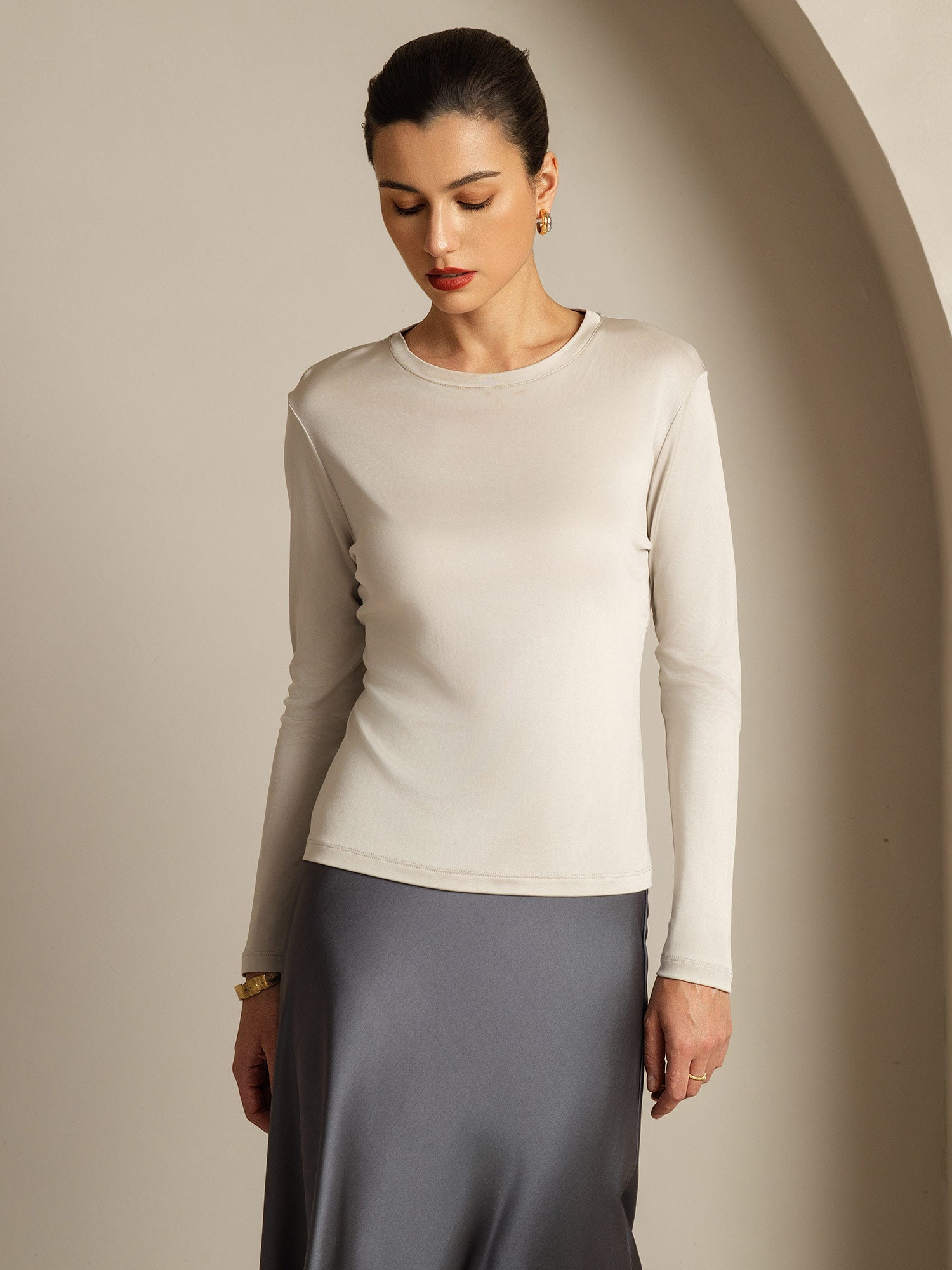 [رمادي] SilkSilky-SA الحرير الخالص Womens T-Shirt 001,