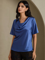 [أزرق بترولي حقيقي] SilkSilky-SA Short Sleeve Cowl Neck بلوزات نسائية 001