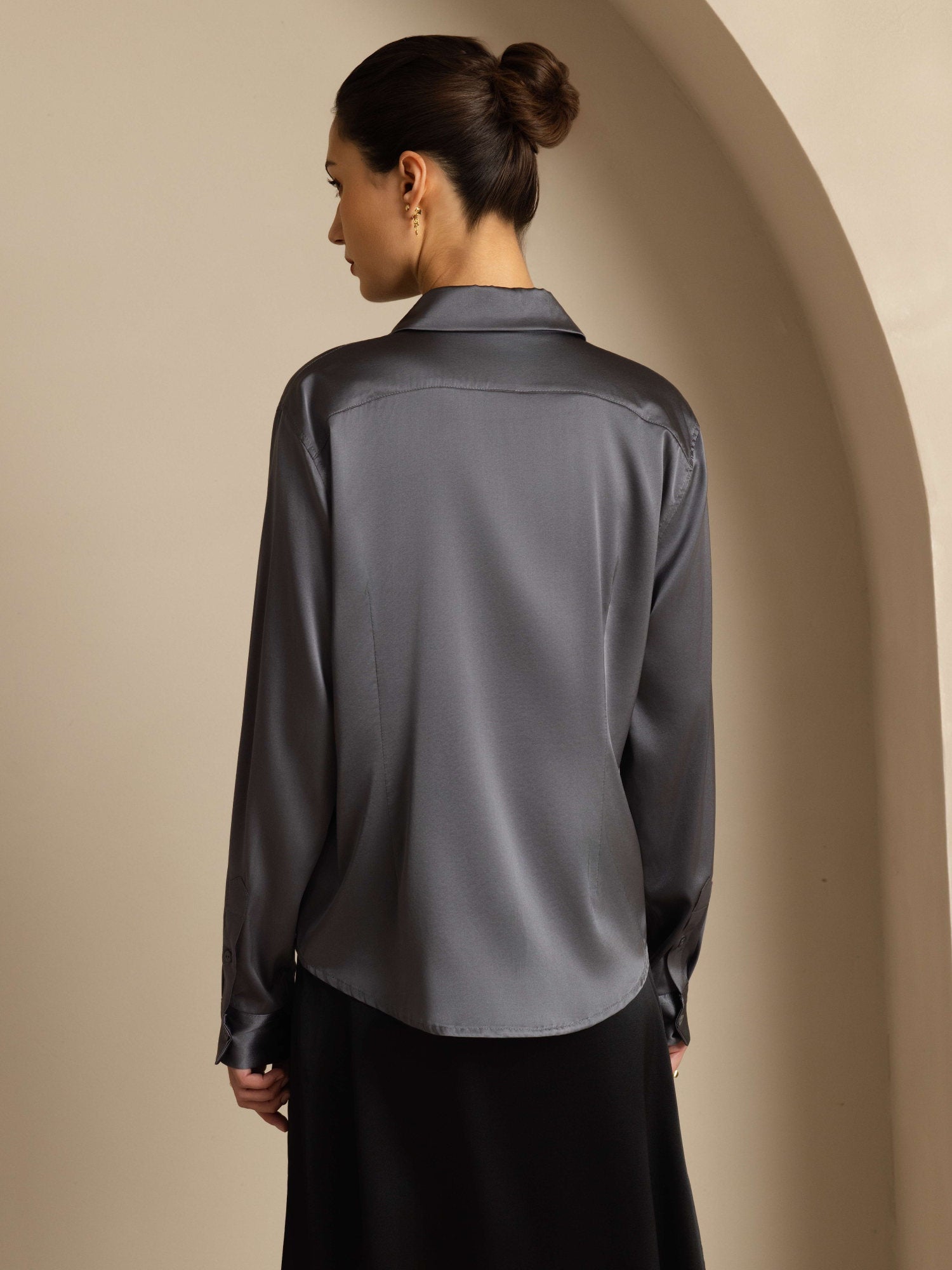 [الرمادي الداكن] SilkSilky-SA الحرير الأكمام الطويلة الياقة بلايز نسائية 002