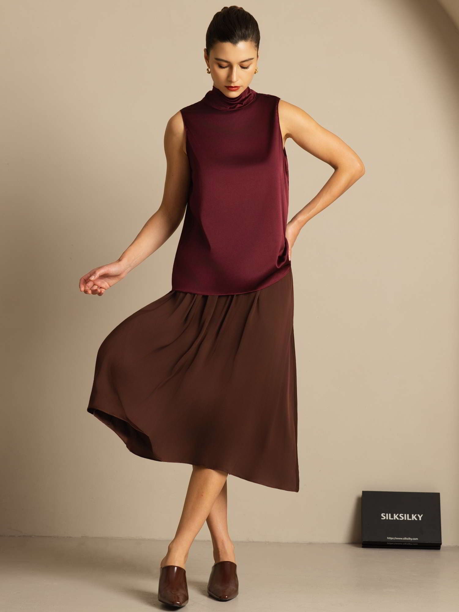 [احمر غامق] SilkSilky-SA 19Momme الحرير تعادل الرقبة بلوزة 010