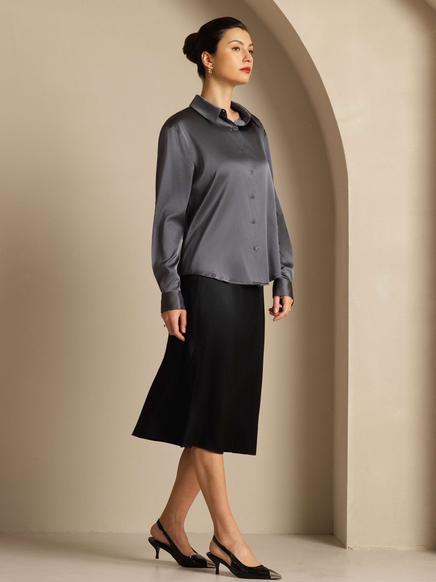 [الرمادي الداكن] SilkSilky-SA الحرير الأكمام الطويلة الياقة بلايز نسائية 004