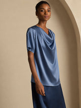 [أزرق بترولي حقيقي] SilkSilky-SA Short Sleeve Cowl Neck بلوزات نسائية 004