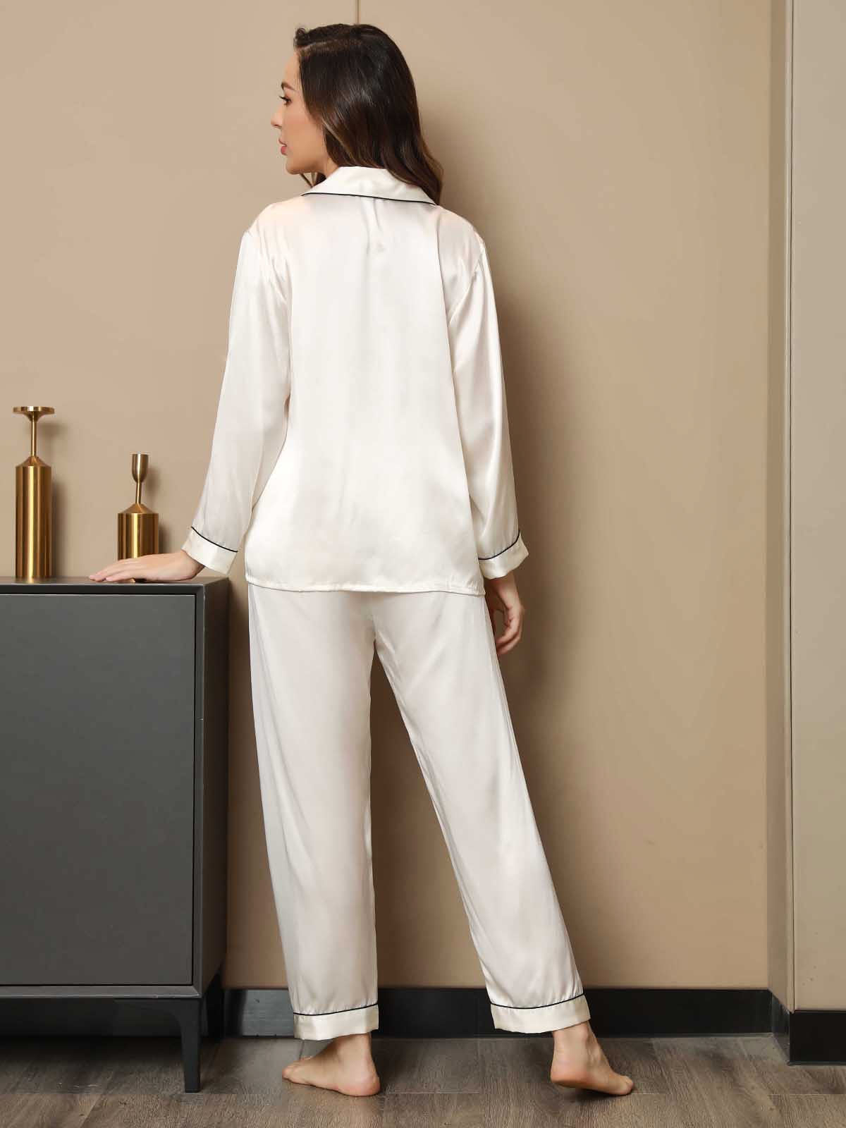 [أبيض] SilkSilky-SA Long Sleeve Lapel Collar طقم بيجامة نسائي 002