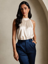 [اللون البيج] SilkSilky-SA Sleeveless Halter تي شيرت نسائية 001