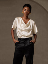 [اللون البيج] SilkSilky-SA Short Sleeve Cowl Neck بلوزات نسائية 003