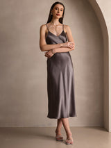 [كاكي غامق] SilkSilky-SA Sleeveless V Neck فساتين نسائية 005