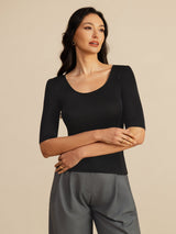[أسود] SilkSilky-SA Half Sleeve Scoop Neck تي شيرت نسائية 004