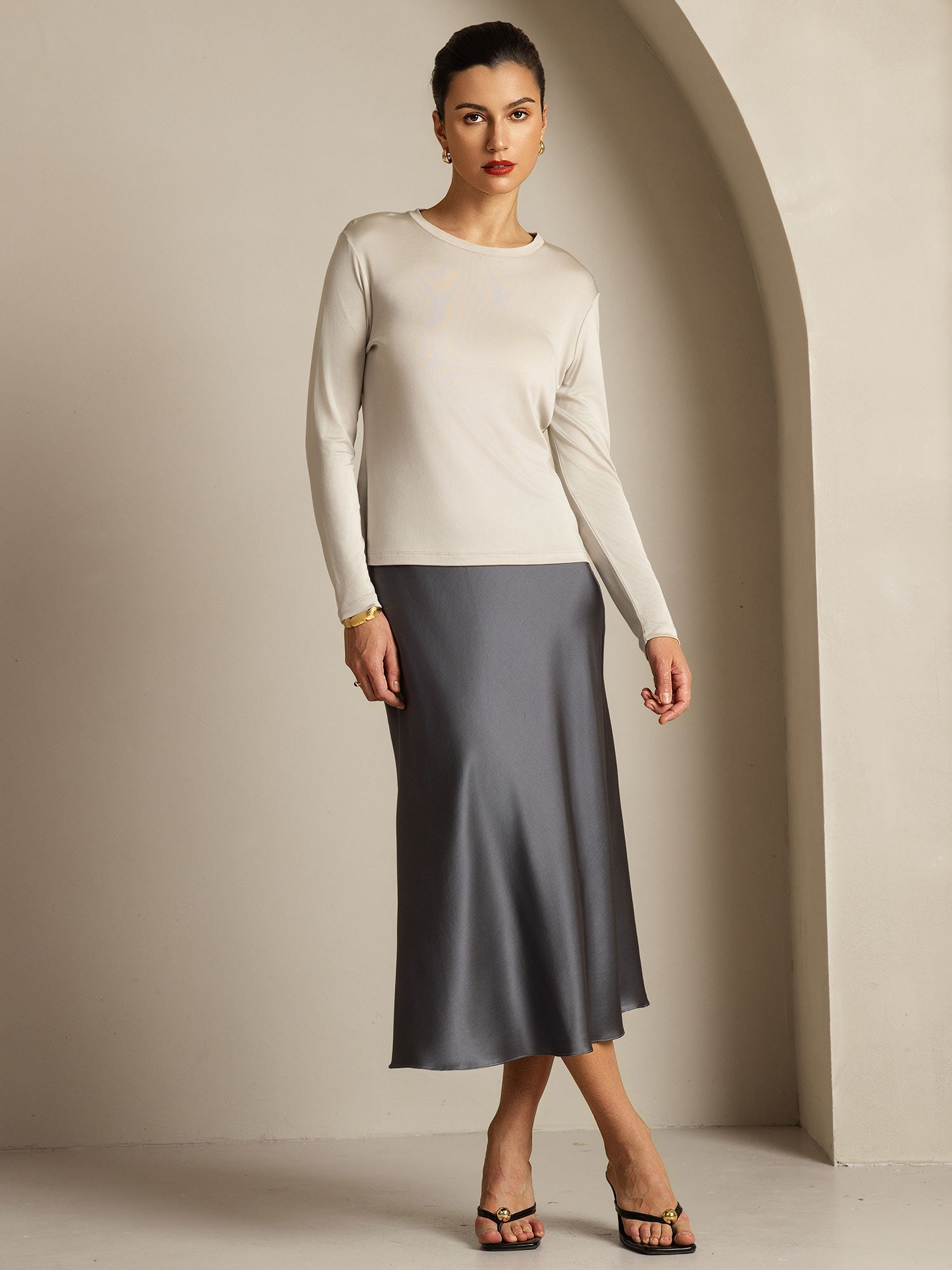 [رمادي] SilkSilky-SA الحرير الخالص Womens T-Shirt 009,